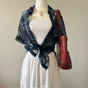 sheer floral dark navy blue short sleeve button up/ cover🌟